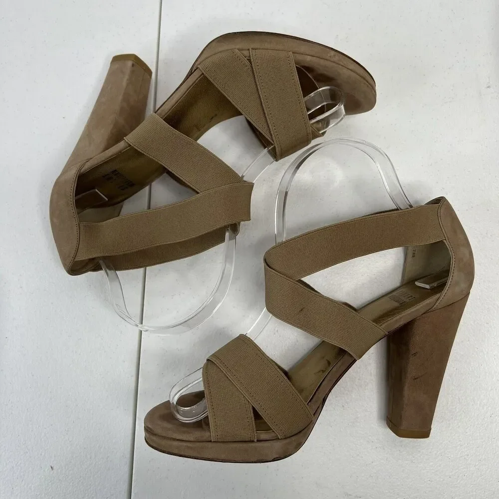Stuart Weitzman Size 38 US 7.5 Heels‎ Elastic Strap Wrap Tan Suede High Chunky